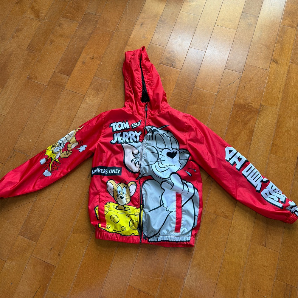 Tom and Jerry Red Gray Hooded lightweight Jacket Boys Members Only Size 10/12